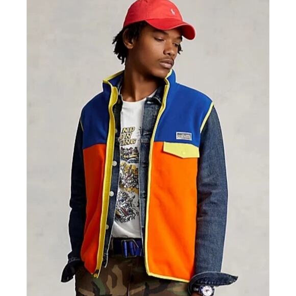 NWT Polo Ralph Lauren Color Blocked Brushed Fleece Vest Men's Size M Orange Blue - Picture 1 of 9